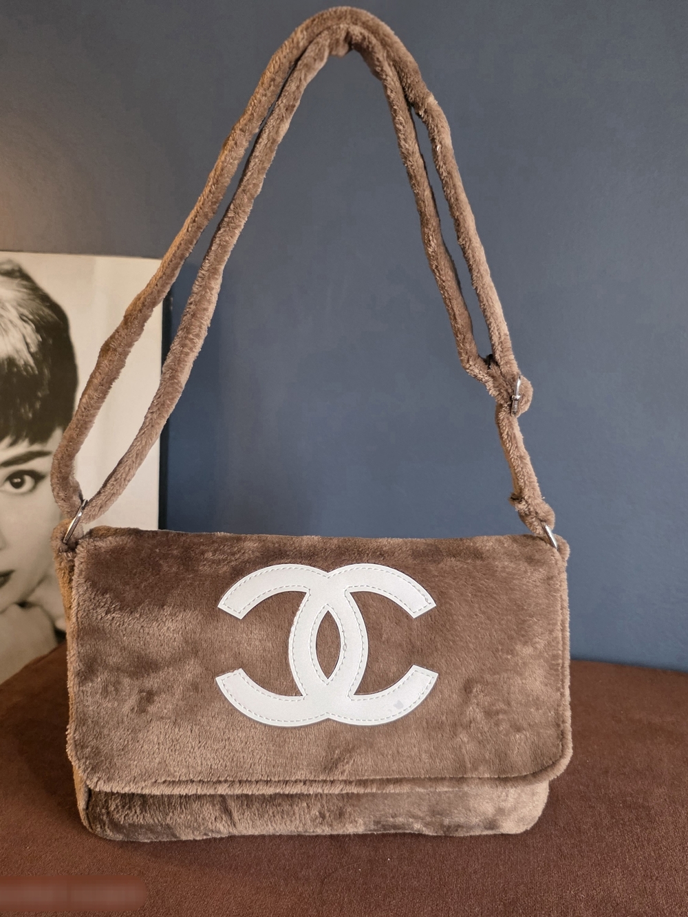 Brown Faux Fur Shoulder Bag with White CC Emblem